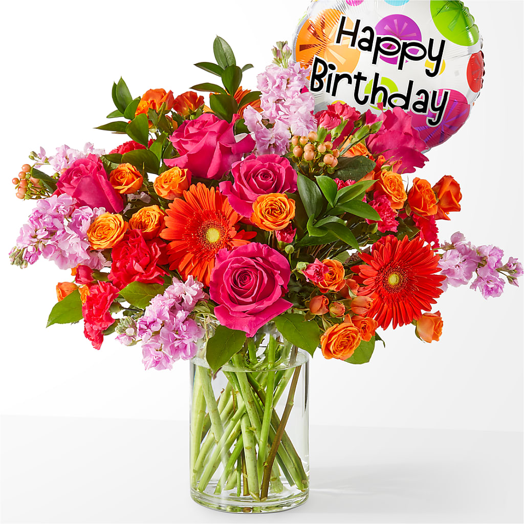 Fiesta Bouquet with Birthday Balloon – MALLERY'S FLOWERS & GIFTS, Redding CA