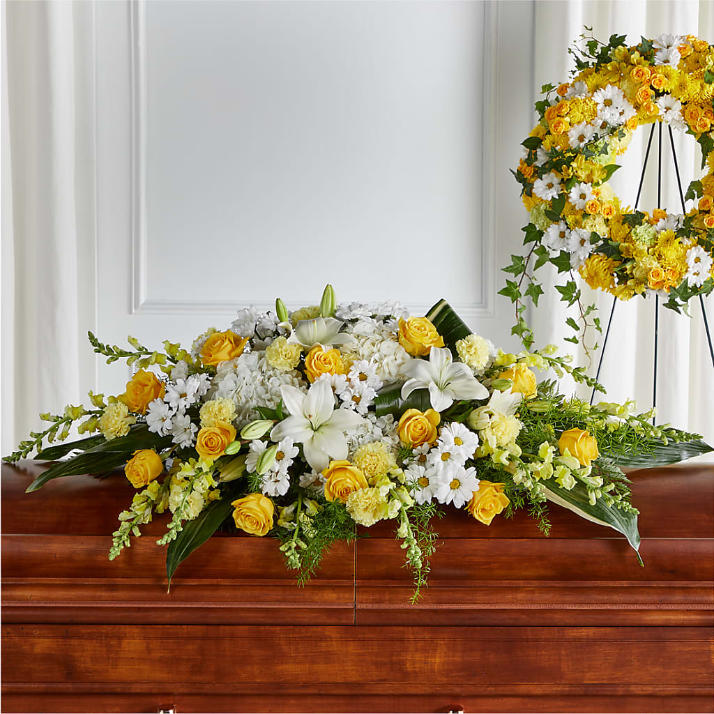 Golden Harmony Casket Spray – MALLERY'S FLOWERS & GIFTS, Redding CA